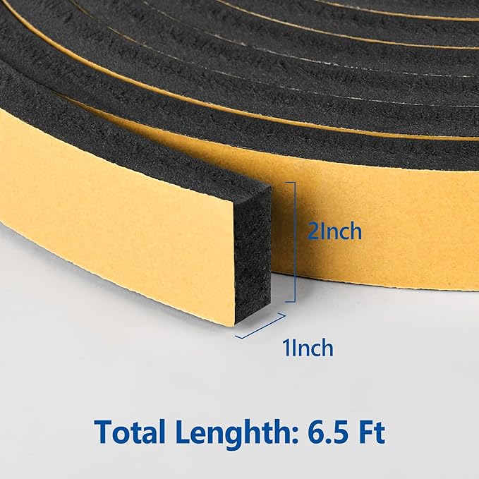 Self Adhesive Foam Tape Weatherstrip 2in x 1in x 6.5Ft High Density Foam Insulation Strips Foam Seal Weather Stripping with Strong Adhesive for Door and Window Sound Isolation Soundproofing