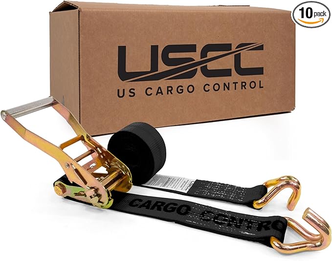 US Cargo Control Wire Hook Ratchet Straps 2 Inch x 12 Foot (10-Pack), 10,000 LBS Break Strength, Ratchet Straps Heavy Duty with Double J Hooks, Black Cargo Tie Downs for Flatbed Trailers and Trucks