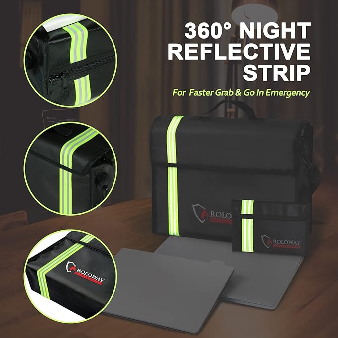 ROLOWAY Large (17 x 12 x 5.8 inches) Fireproof Bag with Reflective Strip, Water Resistant Fireproof Document Bag Safe for Money, Documents and Valuables Storage