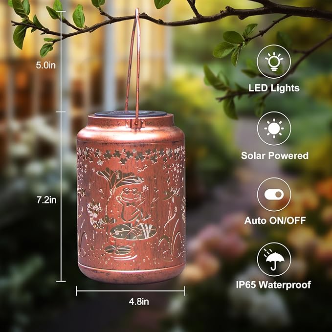YISITEONE Frog Outdoor Solar Lanterns, Garden Waterproof Metal Hanging Decor Lights for Patio Yard Pathway Lawn Front Porch, Birthday Gardening Gifts for Women Mom Grandma