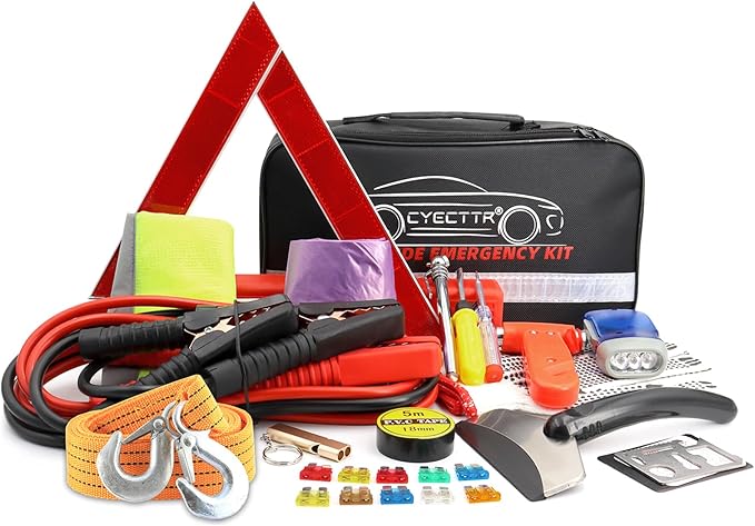 Car Roadside Emergency Kit,Auto Vehicle Truck Safety Emergency Road Side Assistance Kits with Jumper Cables,Safety Hammer,Reflective Warning Triangle,Tire Pressure Gauge,Tow Rope,etc