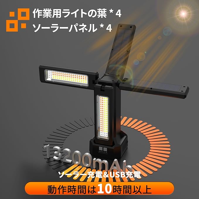 13200mAh Rechargeable Solar Work Light with Folding Stand Support and Portable Carrying Bag, 8000 Lumen Stepless Dimmable, 4 Lighting Modes, White/Warm/Warm White (Black(Standard))