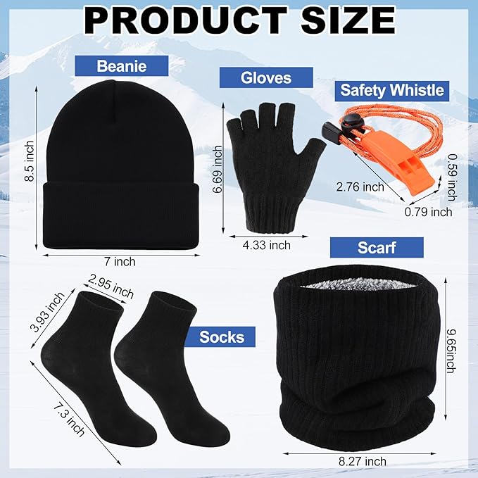 8 Pcs Portable Emergency Thermal Blanket Camping Sleeping Bag Solar Rechargeable Flashlight Emergency Safety Whistle Gloves Scarf Socks Beanie Set for Camping Hiking Travel Hunting (Green)