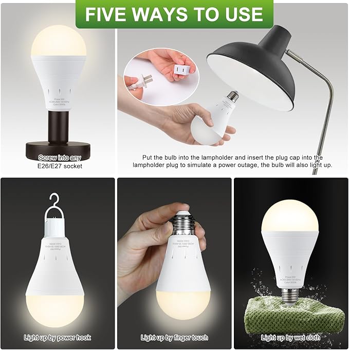 6 Pack Rechargeable Emergency Light Bulbs, Battery Powered Energy Efficient LED Light Bulb 3000K Warm E26 120 Volt 9W 60W Equivalent with 1200mAh for Home Power Outage Camping Hurricane