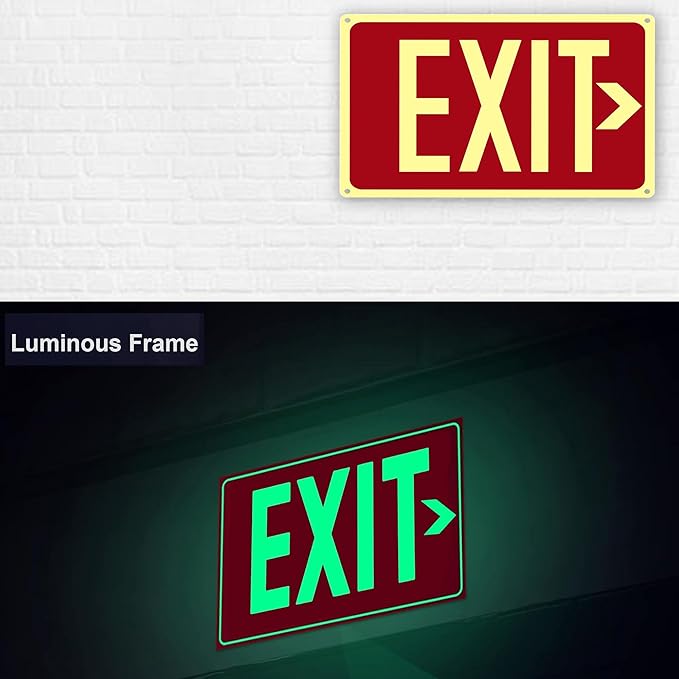 4Pack Photoluminescent Exit Sign Red, 14"x 10" Aluminum Glow In The Dark Exit Signs with Strong Adhesive Backing and 8pcs Removable Directional Arrows Glow In The Dark,Easy to install