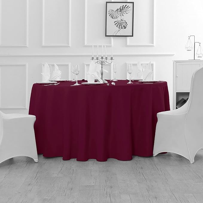 Fokitut 2 Pack Waterproof Round Tablecloth, 132 Inch, Stain Resistant and Wrinkle Polyester Table Cloth, Fabric Table Cover for Kitchen Dining, Wedding, Party, Holiday Dinner-Burgundy