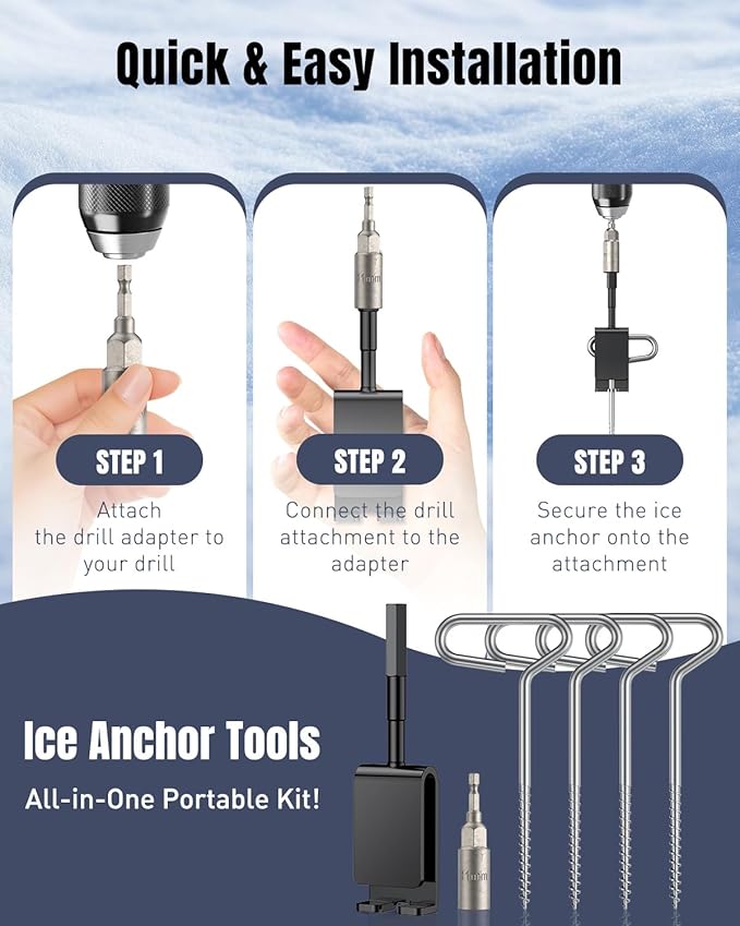 Pawfly 10 Pcs Ice Anchor Tool Kit with Ice Screw Anchors, Tent Guylines, Ice Anchor Drill Adapter & Ice Anchor Drill Attachment, Outdoor Tent Fixing Kit for Winter Camping & Ice Fishing Shelter