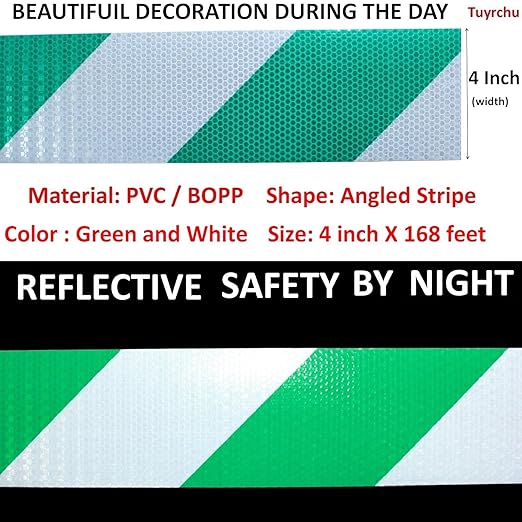Reflective Tape Green and White 4 inch X 168 feet, Outdoor Waterproof Hazard Conspicuity Safety Industrial Marking Tape