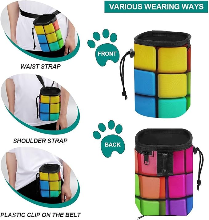 Dog Feed Snack Reward, Pet Training Package, Dog Snack Pocket with Adjustable Waist Belt 3 Ways to Wear Rainbow Colorful Blocks