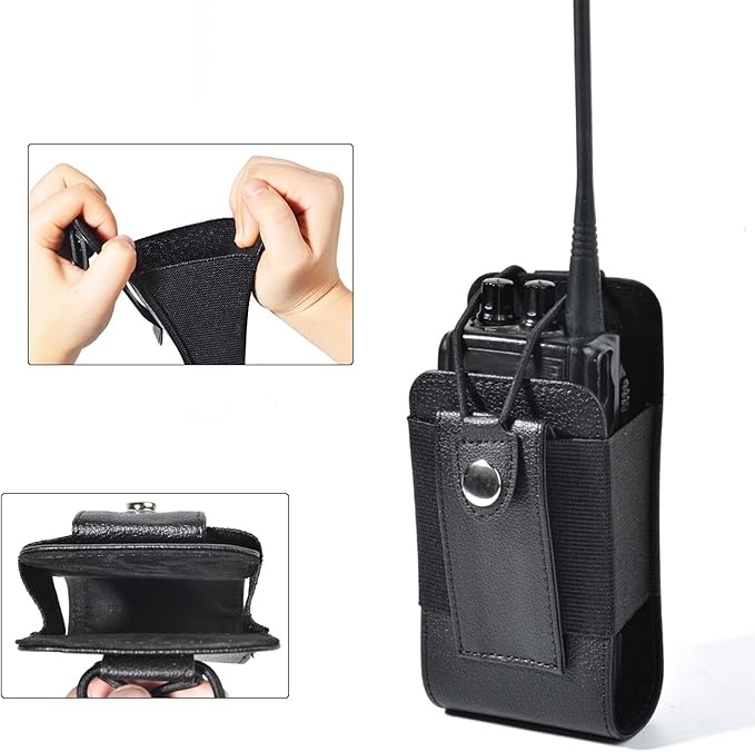 Leather Universal Radio Holster for Duty Belt with Back Clip,Walkie Talkie Pouch Holder for Motorola Baofeng Midland Kenwood Handheld Ham Radio