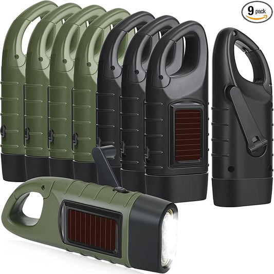 Leelosp 9 Pieces Hand Crank Flashlight Solar Powered Flashlight for Emergencies Dynamo Rechargeable LED Survival Light for Outdoor Sports Hiking Camping (Green,Black)