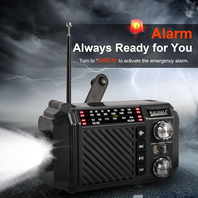 Hand Crank Emergency Weather Radio with 2600mAh/9620mWh Power Bank, NOAA AM FM Shortwave Portable Radio, Solar & USB-C Charging, Flashlight, SOS Alarm for Emergency Kits (Black)