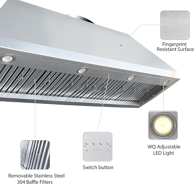 54-inch Range Hood Insert with Inline Remote Blower, CT Copper Tailor 1260CFM Kitchen Vent Hood, 4-Speed Exhaust Fan, 4 LED Lights, 8" Round Ducted,Baffle Filters, in Stainless Steel