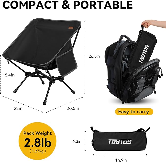 TOBTOS Ultralight Camping Chair, Portable Folding Chair Support 330 lbs, Compact Camp Chair for Hiking Backpacking Travel Beach (Black)