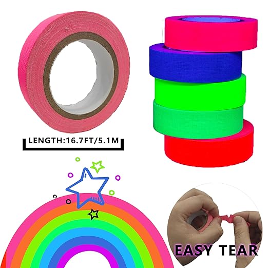 SWRT Neon Gaffer Cloth UV Blacklight Tape for Party Supplies, 5 Rolls Multi-Color UV Fluorescent Glow in The Dark Tape for Party Decoration, Dance Floors, UV Party (0.6 inch x 16.5 feet)