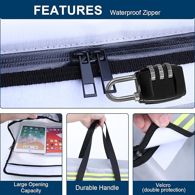 fireproof document pouch (16" x 12" x 5") silicone coated, combination lock office out bag, fireproof money pouch (8.75" x 6.0") for cash, coins, credit cards, passport and other valuables