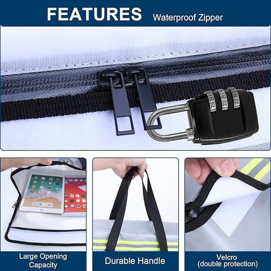 fireproof document pouch (16" x 12" x 5") silicone coated, combination lock office out bag, fireproof money pouch (8.75" x 6.0") for cash, coins, credit cards, passport and other valuables