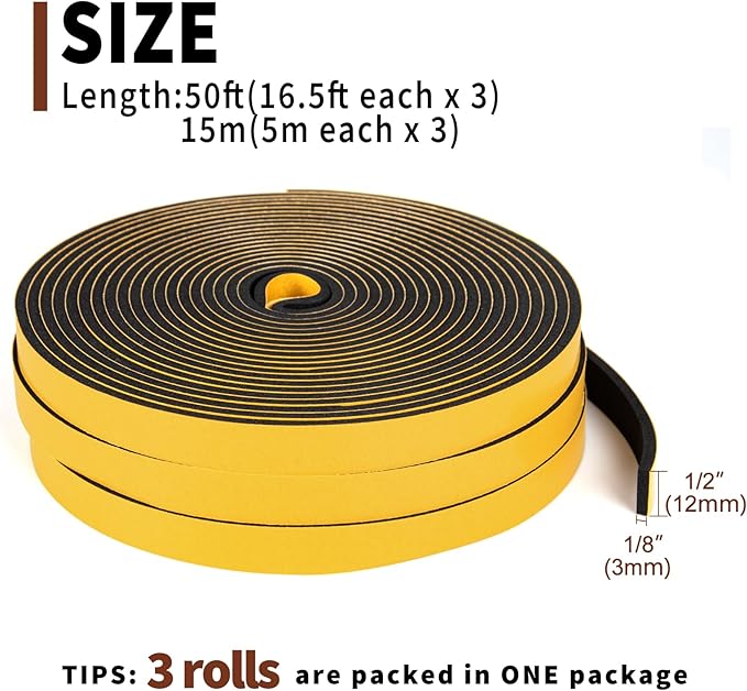 Yotache Foam Weather Stripping Seal Tape 3 Rolls 1/2" W X 1/8" T for Doors and Windows Gasket Insulation Soundproofing, 50 Ft Length (3 X 16.5 Ft Each)