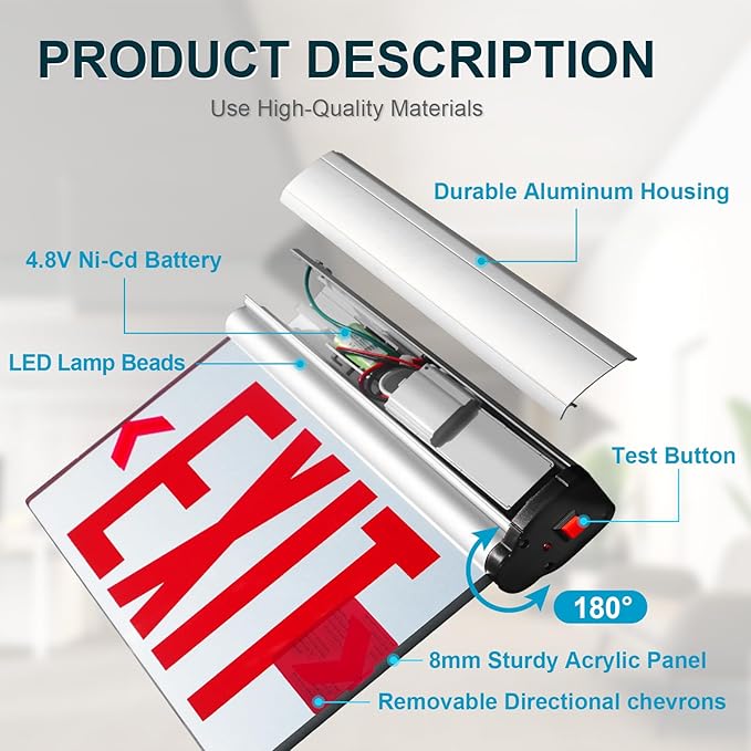 Red Led Edge-Lit Exit Sign, Aluminum Housing Double-Sided Mirrored Rotating Acrylic Plate, UL Damp Location Listed, Hardwired Emergency Exit Signs For Business, Top/Side/Wall Mount(Canopy Included)