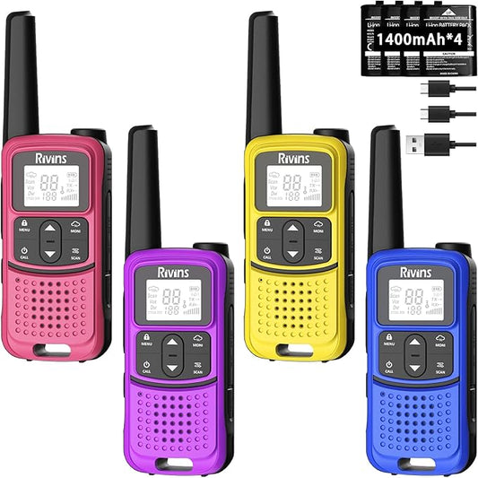 Radios Walkie Talkies Long Range: Rivins F22 Rechargeable Walkie Talkies for Adults, NOAA, 1400mAh Li-ion Battery USB-C Cable, LED Flashlight, VOX FRS Two Way Radio for Hiking Hunting, Camping, 4 Pack
