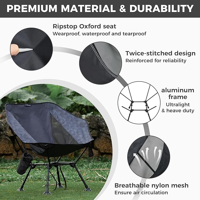 ATEPA UFO3.0 Backpacking Camping Chair, Ultralight Extra Wide Comfortable Folding Chairs Heavy Duty Portable Hexagon Ergonomic Height Adjustable Seat with Anti-Sinking Feet for Hiking Outdoor, Black