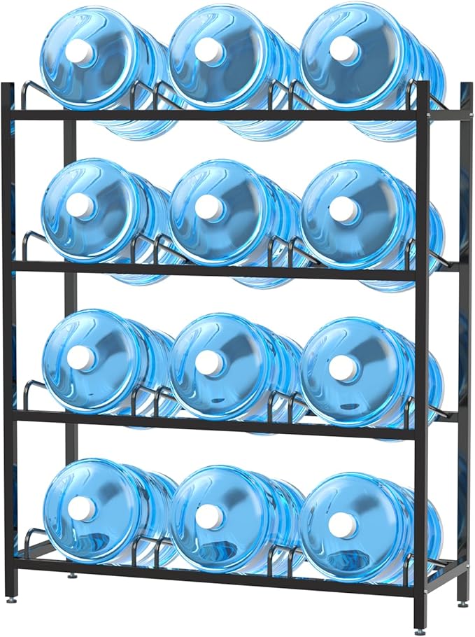 12-Tray Water Jug Rack, Storage 5 Gallon Water Cooler Bottle Holder Stand, 4-Tier Heavy Duty Carbon Steel 5 Gal Water Bottle Organizer for Home, Office, Kitchen, Warehouse, Black