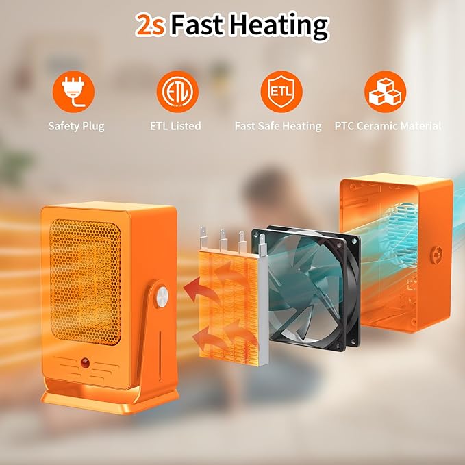 Portable Space Heaters for Indoor Use,Desktop Heater with 900W PTC 2s Fast Heating, 30° Adjustable Angle Design Small Electric Heater Lightweight for Personal, Office,Room,Orange