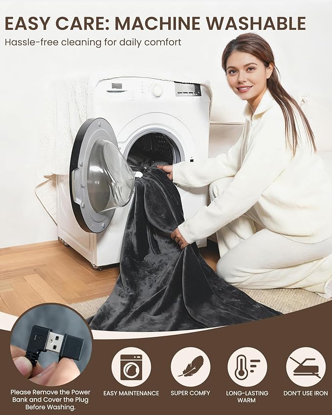 Cordless Heated Blanket with Hood, USB Battery Powered Heated Wearable Blanket with 9 Heating Zones, 20000 mAh Power Bank, 3 Levels, Portable Heated Throw Blanket, Heated Shawl