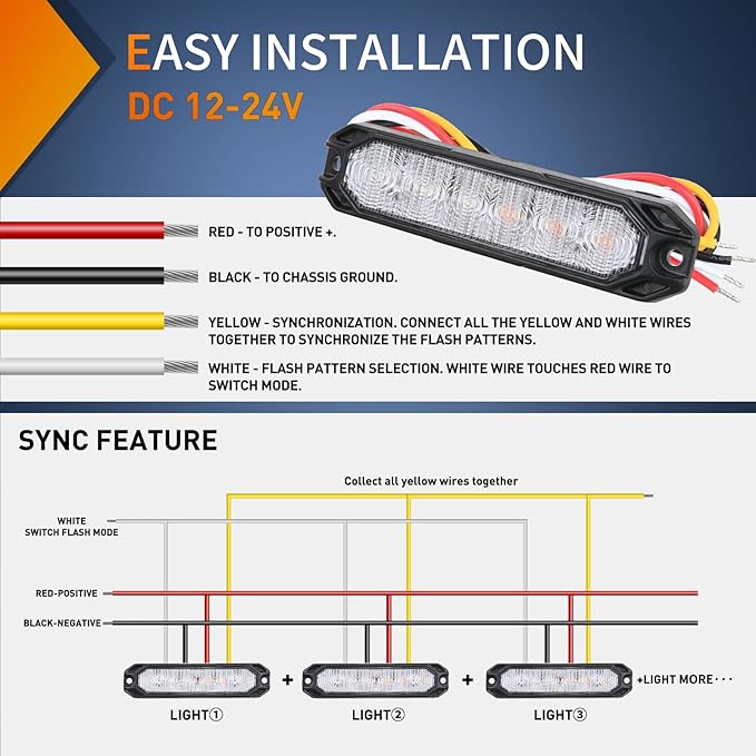 Nilight 6LED Emergency Strobe Lights 4PCS Ultra slim Surface Mount Hazard Caution Light bar 12-24V Sync Feature Warning Flashing kit for Truck Car Vehicle ATV SUV UTV Yellow and Blue