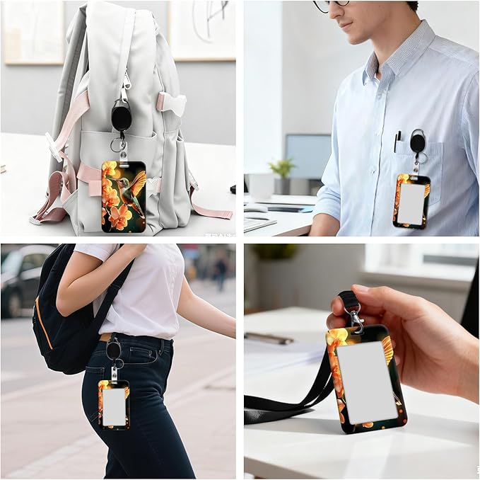 ID Badge Holder with Retractable Lanyard for Women & Men,Vertical ID Card Holder Wallet,Clear Window&Card Slot,Detachable Neck Strap for Nurse Teacher Office,Hummingbird Orchid Glow