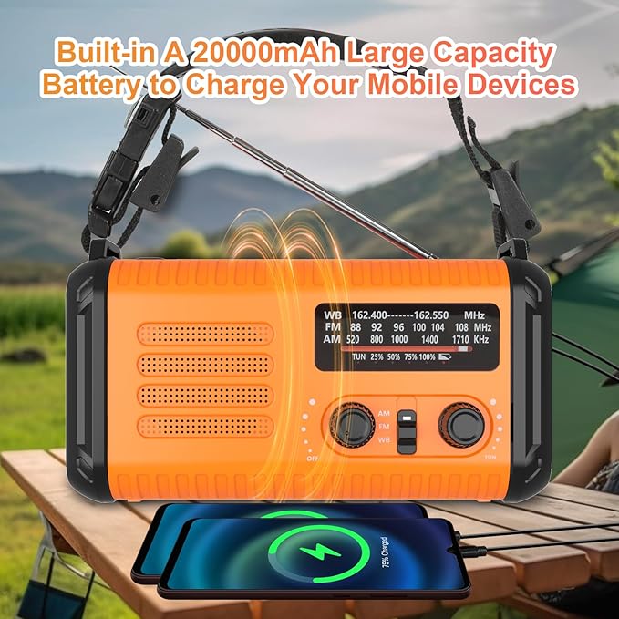 20000mAh Emergency Radio, Hand Crank Radio with NOAA AM FM, Solar Powered & USB Charging, Flashlight, Reading Lamp, Headphone Jack, SOS & Compass, Perfect for Christmas Gifts Outdoor Camping