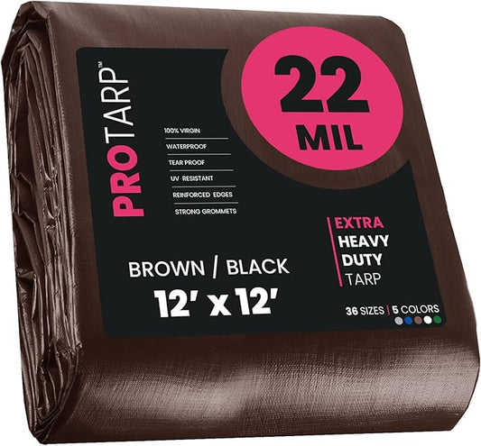 PROTARP Extreme Heavy Duty 22 Mil Tarp Cover, Waterproof, UV Resistant, Rip and Tear Proof, Poly Tarpaulin with Reinforced Edges for Roof, Camping, Patio, Pool, Boat. (Brown/Black 12′ X 12′)