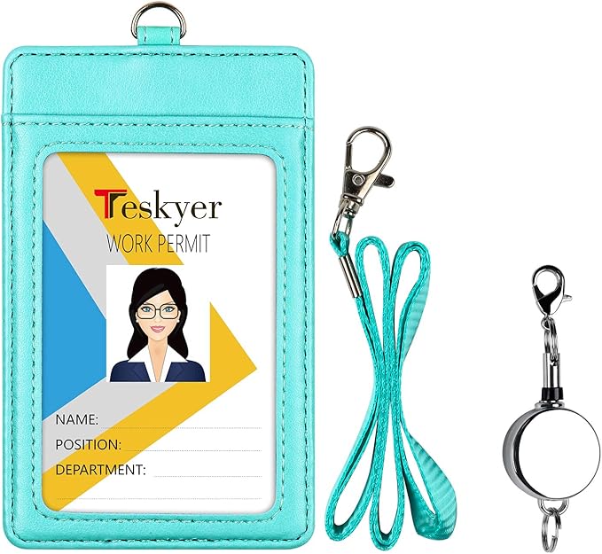 Teskyer Leather Badge Holder with Lanyard and Badge Reel, Retractable Lanyard ID Card Holder for Office School Name Work IDs, Green