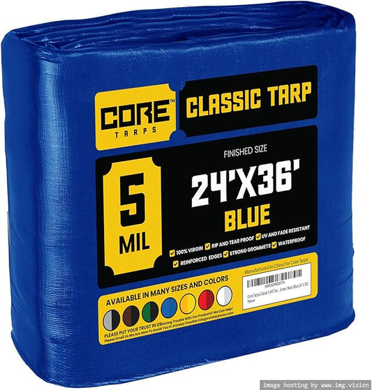 Core Tarps Classic 5 Mil Tarp Cover, Waterproof, UV Resistant, Rip and Tear Proof, Poly Tarpaulin with Reinforced Edges for Roof, Camping, Patio, Pool Cover, Boat (Blue 24′ X 36′)