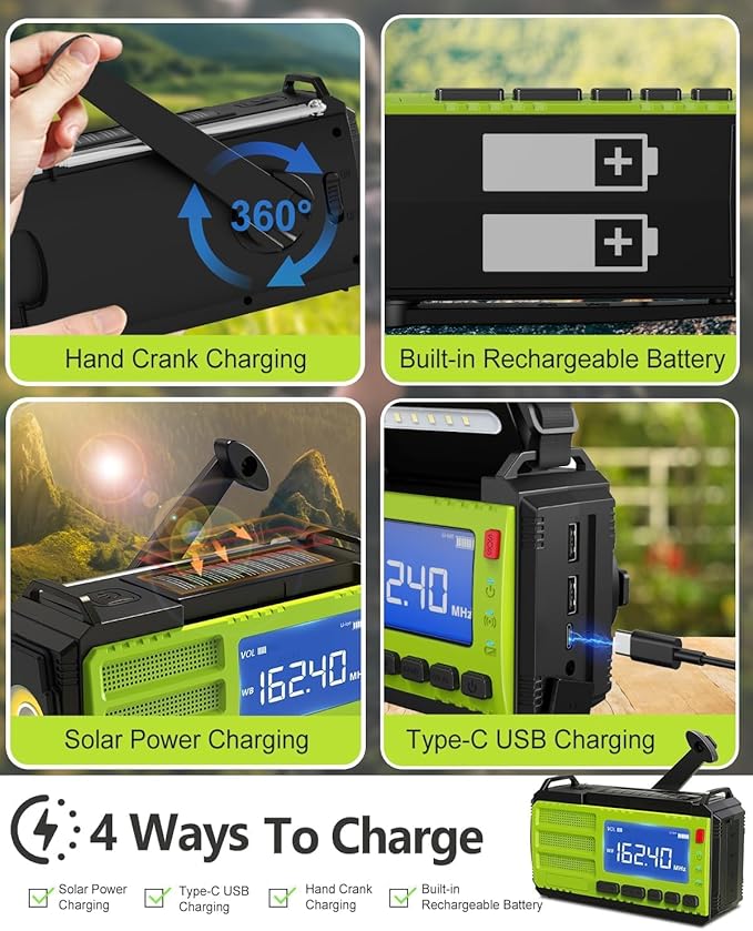 10000wAh/37000mWh Hand Crank Emergency Radio, AM FM NOAA Weather Alert Radio, Portable, Solar, 4 Charging Methods, 3-Mode Flashlight, Reading Lamp, SOS Alarm, Phone Charger for Winter Storm Emergency