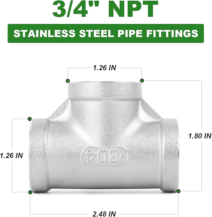 TAISHER 5PCS Stainless Steel Tee Pipe Fittings, 3/4" x 3/4" x 3/4" NPT Female Pipe Fittings