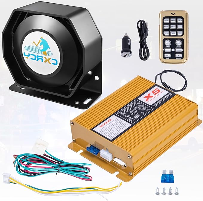 Alarm Horn Siren 12V 200W Car PA System Slim Speaker Sirens [18 Tones] [120-130dB][Wireless Mic] CXRCY Emergency Warning Siren for Vehicles Tow Truck UTV ATV Van Car POV RV