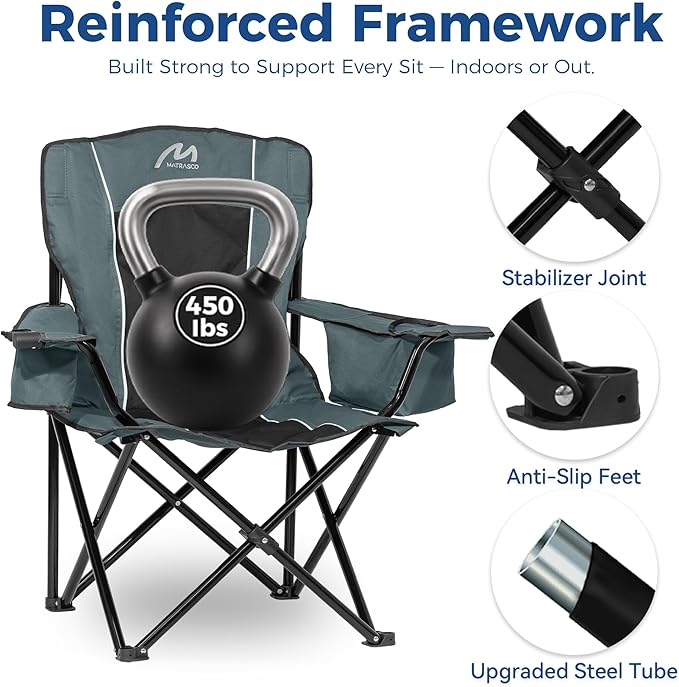 Oversized Padded Camping Chair, Heavy-Duty Steel Frame for 450 lbs Supports, Convenient 6-Can Cooler, Portable Carry Bag, Perfect for Outdoor, Beach, and Hiking (Gray & Black)