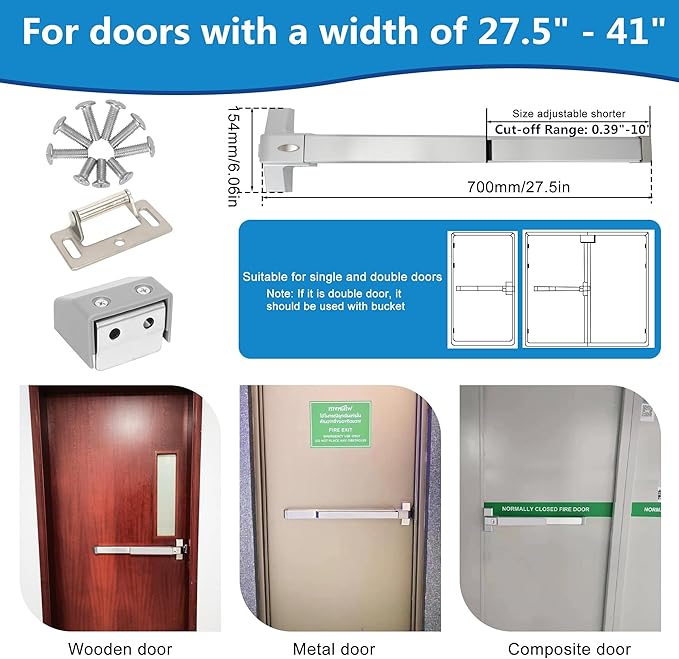 27.5" Push Bar Panic Exit Device for Commercial Doors - Hardware Lock for Wood and Metal Doors