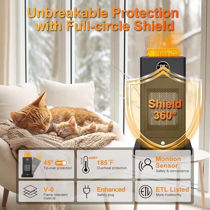 Space Heater, Space Heaters for Indoor Use with Humidifier/Sensor/ECO/3D Flame Effect/Thermostat/Timer/Oscillating, PTC Fast Electric Heaters, Quiet Portable Room Heaters for Bedroom/Office/Home
