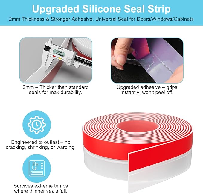 Heavy-Duty 36 ft x 2 in Weather Stripping, Extra Thick 2mm Door Draft Stopper Silicone Seal Strip for House and Glass Shower Doors for Collision and Side Gaps of Door and Windows, Clear