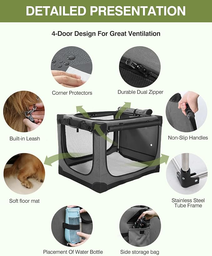 24-Inch Collapsible Travel Dog Crate, Portable 4-Door Soft Kennel for Medium to Large Dogs, Chew-Proof Mesh Windows, Indoor/Outdoor Use, Foldable, with Storage Bag (Grey)