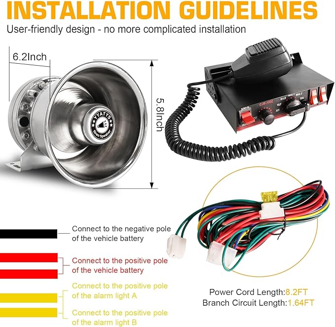 8Tones 200W Emergency Siren with PA - IP67 Waterproof Police/Fire Truck Siren, Yelp/Wail/Hi-Lo Modes, Includes Mic & Speaker for Vehicle PA System | 12 Volt Siren | Car Alarm Siren
