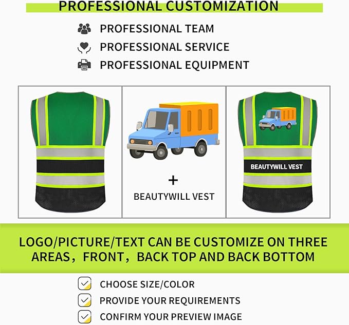 BeautyWill 10 Pack Custom Logo Safety Vest ANSI Class 2 High Visibility Reflective Vest Personalized Construction Vest Bulk