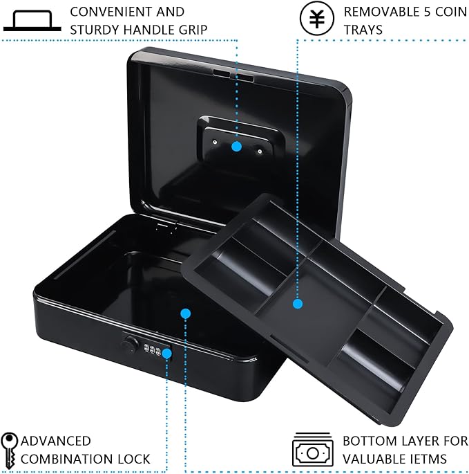 KYODOLED Metal Cash Box with Combination Lock Money Box for Cash Safe Metal Box with Money Tray for Security Lock Box 11.81"x 9.45"x 3.54" Black X Large