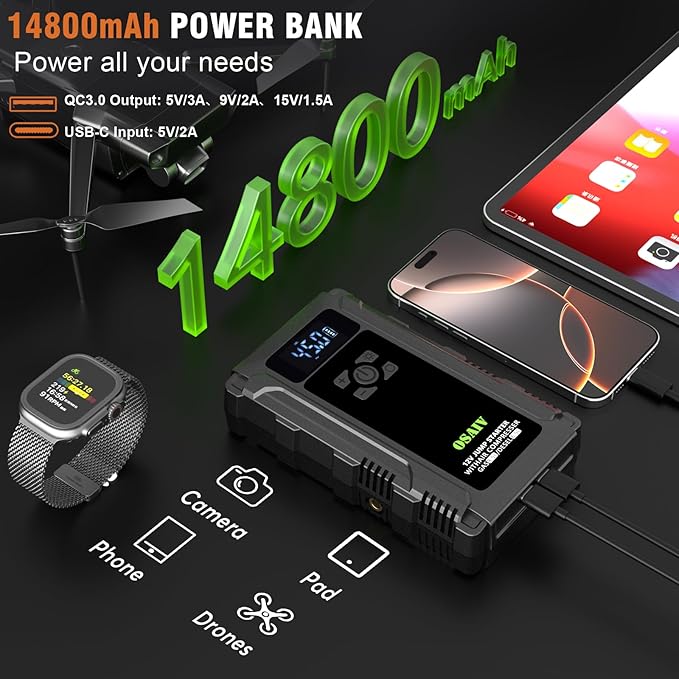 Jump Starter with Air Compressor, 3000A Car Battery Jump Box for 8.5 Gas/6.5L Diesel Vehicles, 150PSI Tire Inflator Auto-Shutoff, 10 Safety Modes, 3-Mode Emergency Light