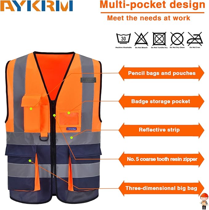 Orange&Navy 4XL-5XL High visibility vest,Reflective Safety Vest Workwear 7 Pockets Hi Vis Durable Vest with Reflective Tapes 4 Lower Pockets