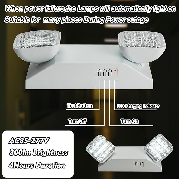 Plug in Emergency Lights for Business Home Power Failure 4Hours 300lm LED Commercial Emergency Light Fixtures with Battery Backup Rechargeable Adjustable Two Heads AC85-277V