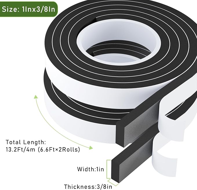 Weather Stripping Door Seal Black,1Inch Wide X 3/8Inch Thick,Air Conditioner Window Seal,Self Adhesive Foam Tape High Density Foam Sealing Strip,Soundproof Foam Tape Roll,2 Rolls Total 13.2Ft