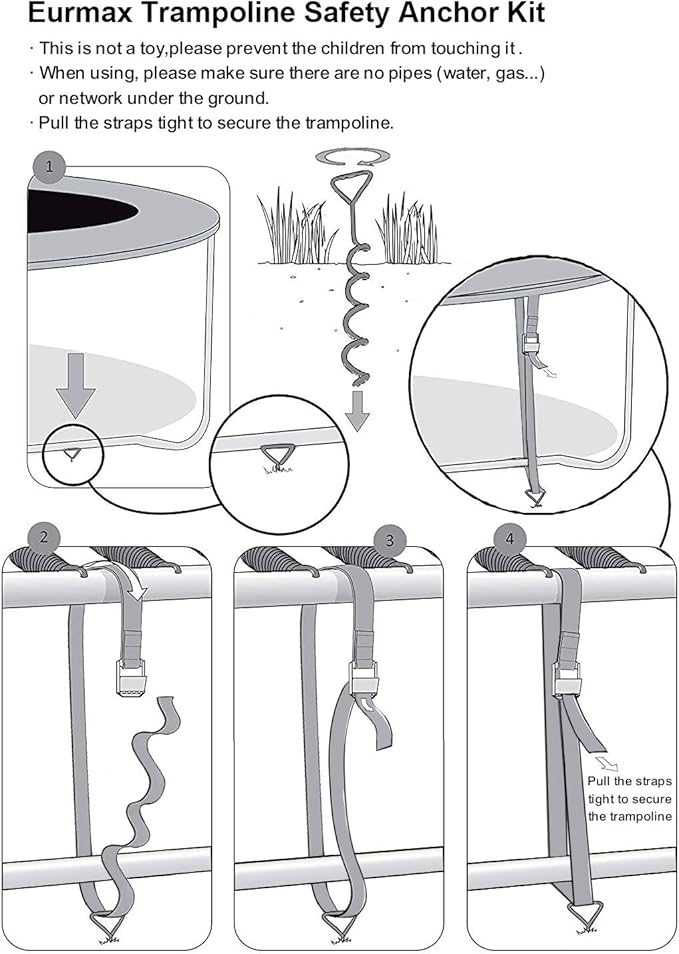 Eurmax USA Trampoline Stakes Heavy Duty Trampoline Parts Corkscrew Shape Steel Stakes Anchor Kit with T Hook for Trampolines -Set of 4 Bonus 4 Strong Belt,Black